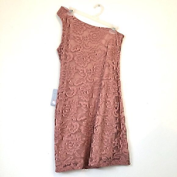 NEW NWT DUAL NATURE Lace One Shoulder Mini Dress Mauve Pink Floral Lace Medium M - Picture 2 of 12